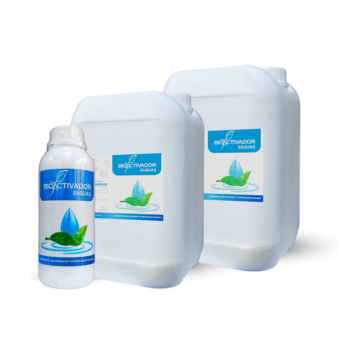 3AGUAS, ablandador de aguas duras, adherente y coadyuvante agrícola de Bioactivador para estabilizar el pH y potenciar fumigaciones.