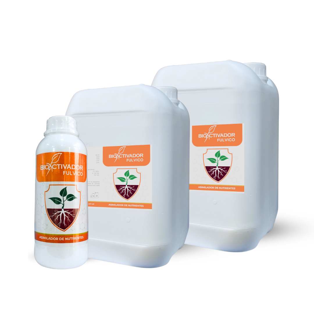 Envases de Bioactivador Fúlvico, fertilizante y asimilador de nutrientes a base de ácidos fúlvicos derivados de leonardita para uso foliar y fertirriego.