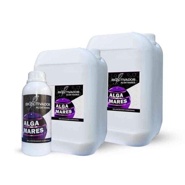 Envases de bioestimulante de algas marinas, ideal como antiestresante y balanceador hormonal en plantas.