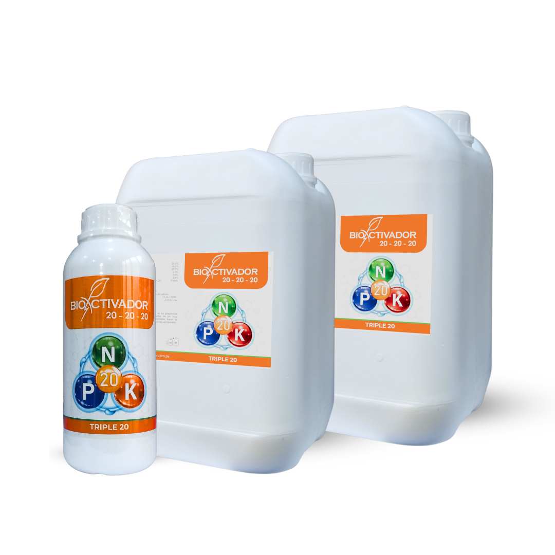 fertilizante foliar NPK 20-20-20 de Bioactivador equilibrado para el crecimiento y post cosecha de los cultivos.