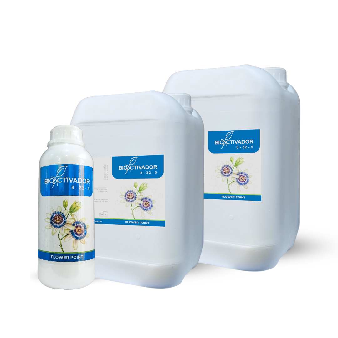 Envases del fertilizante NPK 8-32-5 Flower Point de Bioactivador, el mejor fertilizante foliar para floración diseñado para la inducción floral y desarrollo de botones florales.