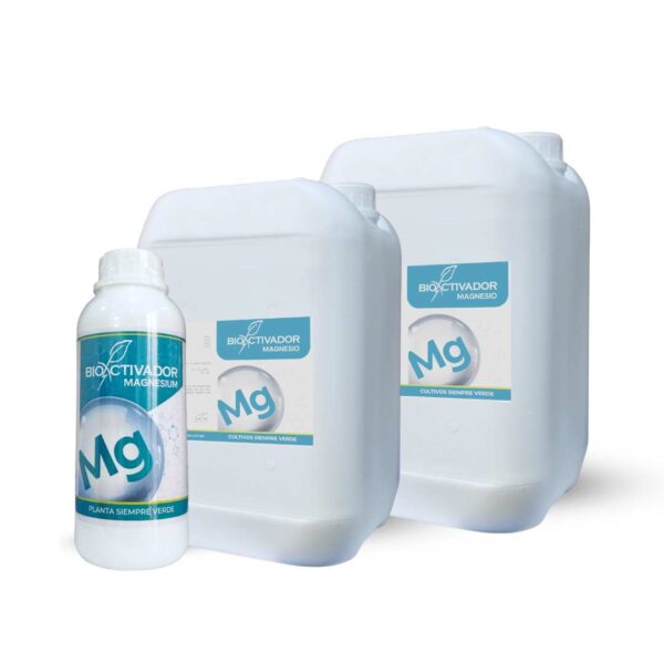 Envases de Bioactivador Magnesio, fertilizante foliar enriquecido con aminoácidos y algas marinas para corregir la deficiencia de magnesio en plantas y potenciar la clorofila.