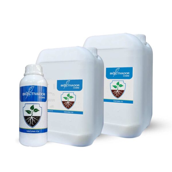 Envases de Vacuna CU, fungicida y fertilizante de cobre sistémico para plantas, diseñado para activar defensas contra patógenos de raíz y follaje.