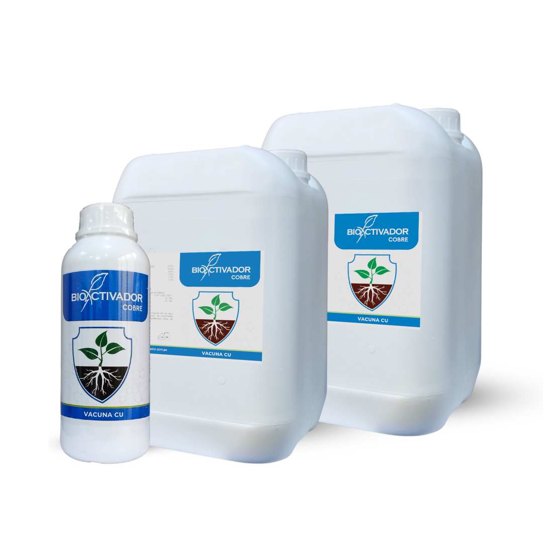 Envases de Vacuna CU, fungicida y fertilizante de cobre sistémico para plantas, diseñado para activar defensas contra patógenos de raíz y follaje.