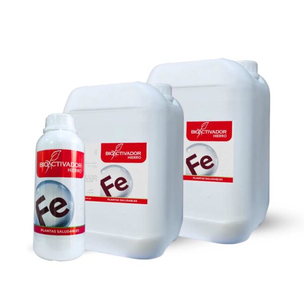 Envases del fertilizante de hierro líquido para plantas (Fe) de Bioactivador, utilizado como corrector de clorosis férrica y deficiencias nutricionales.