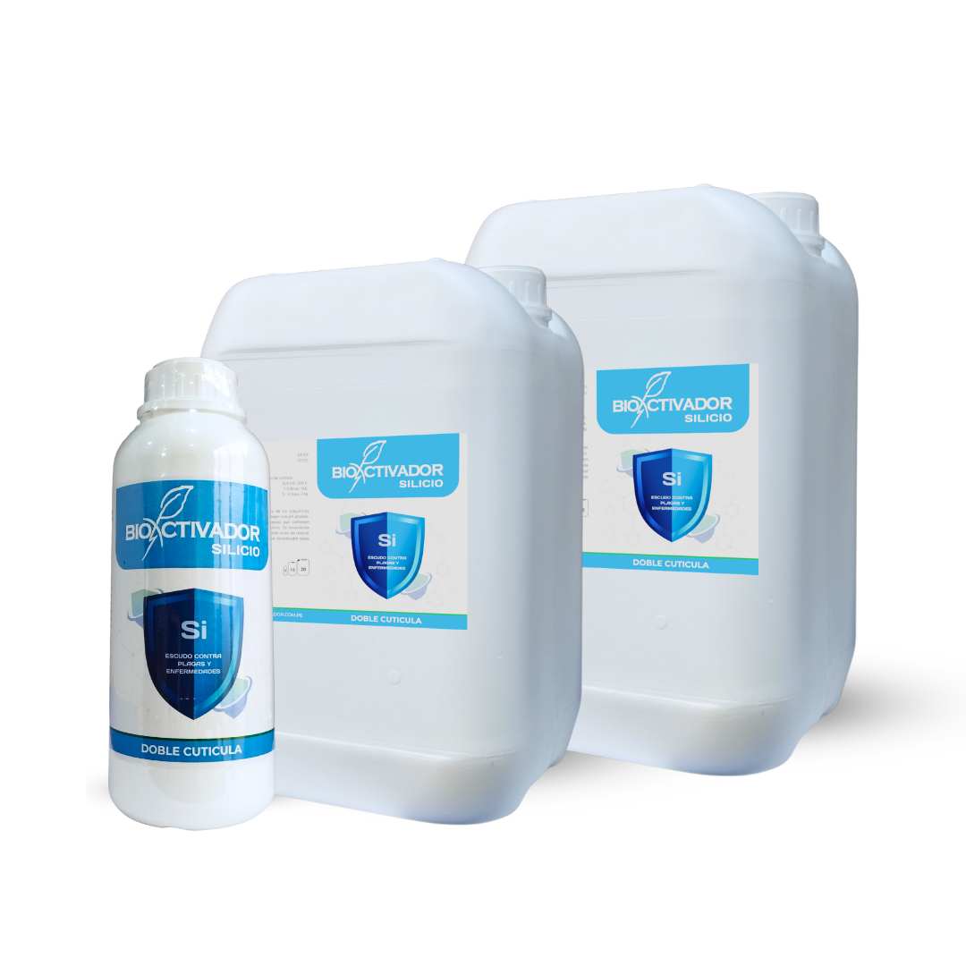 Envases de Bioactivador Silicio, fertilizante foliar de silicio soluble y silicato de potasio que crea una doble cutícula protectora en las plantas contra el estrés.