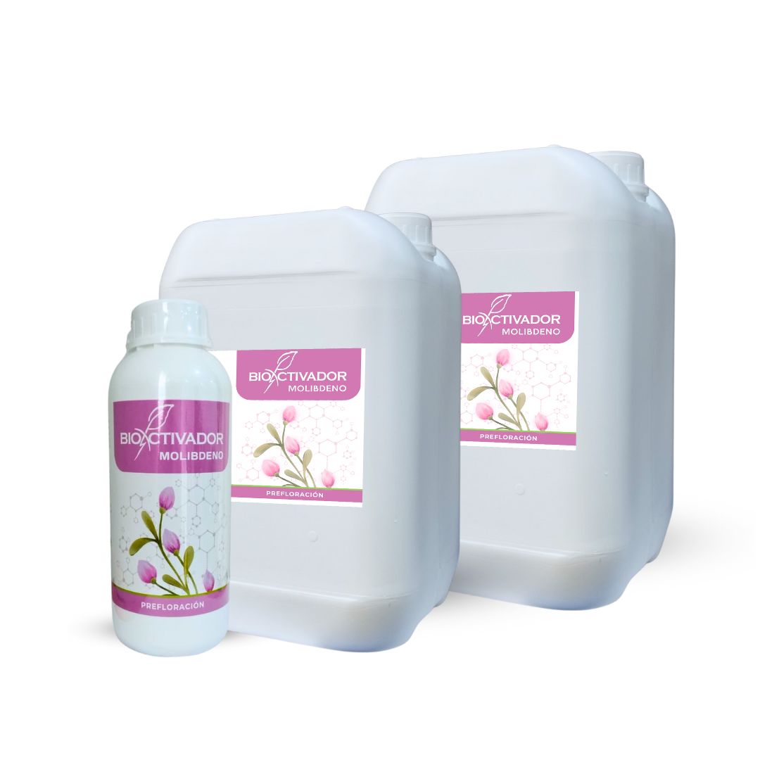Envases del fertilizante Molibdeno de Bioactivador, abono agrícola diseñado para corregir la deficiencia de molibdeno en las plantas y leguminosas.