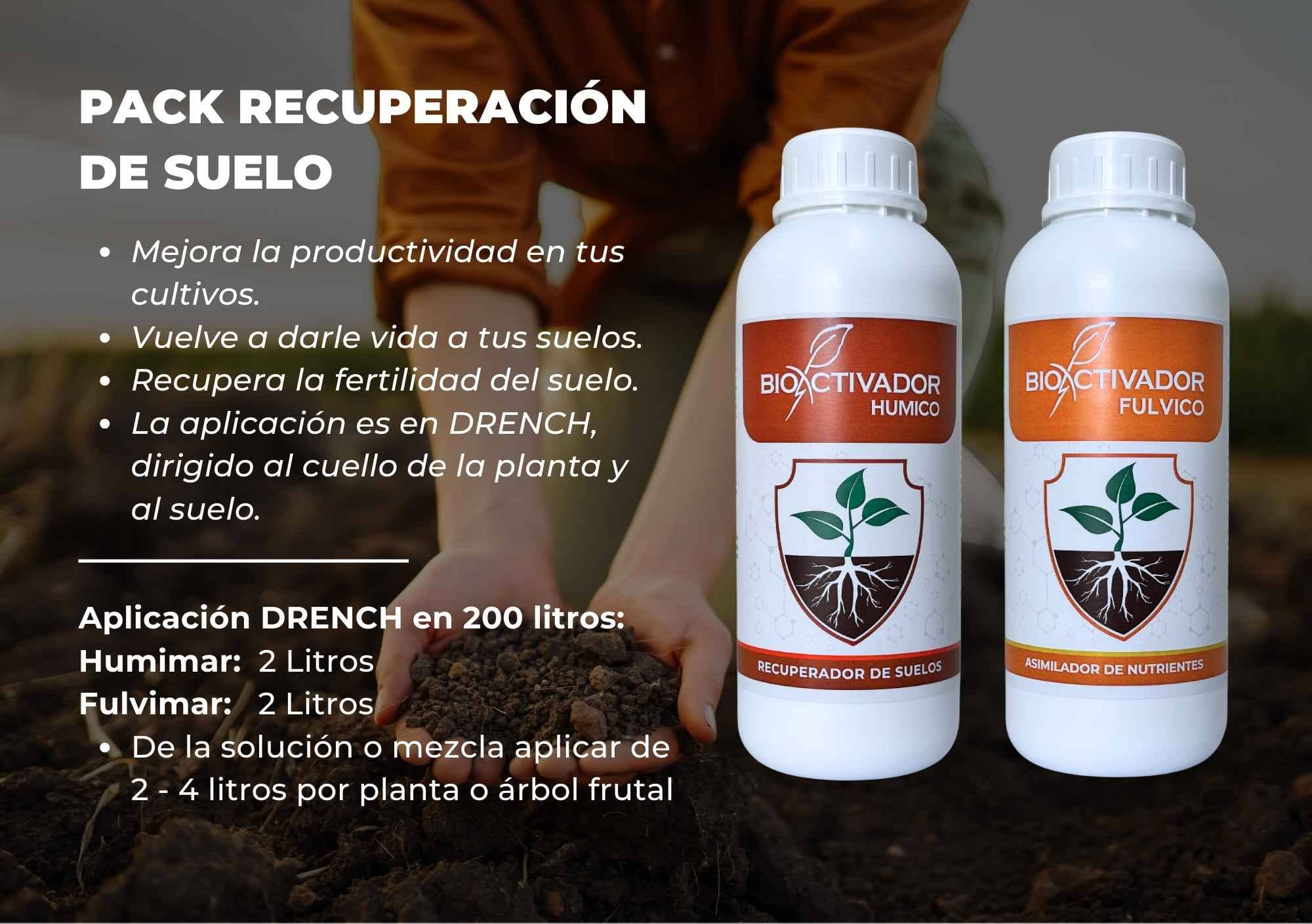 Pack Recuperación de Suelos degradados: Bioestimulantes líquidos a base de Ácidos Húmicos (Humimar) y Ácidos Fúlvicos (Fulvimar), diseñados para aplicación en drench y regeneración de la fertilidad del suelo.