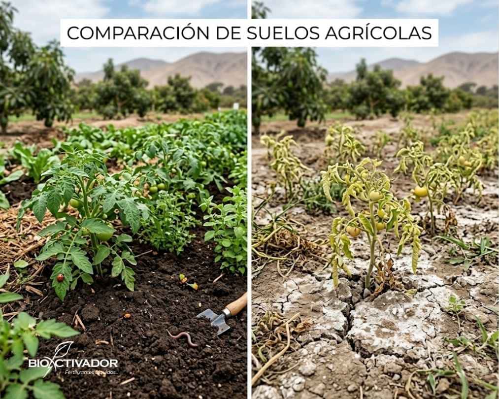 Comparación visual en campo: a la derecha, un suelo agrícola degradado, seco y compactado con plantas marchitas; a la izquierda, un suelo recuperado, fértil, rico en materia orgánica y microorganismos con plantas vigorosas.