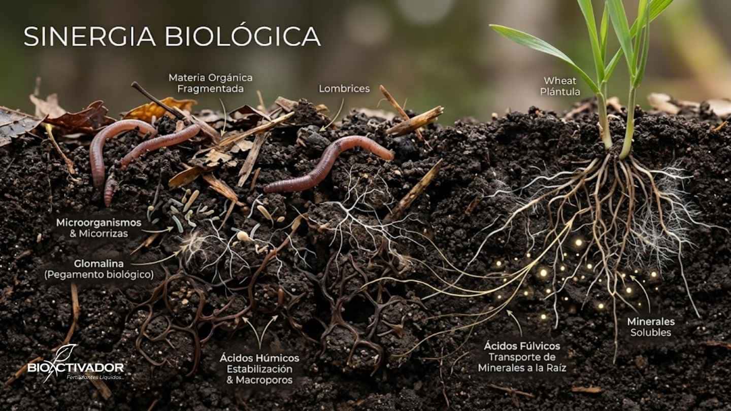 Corte transversal de un suelo agrícola que ilustra la sinergia biológica: microorganismos, micorrizas y glomalina estructurando la tierra, mientras los ácidos húmicos estabilizan macroporos y los ácidos fúlvicos transportan minerales solubles directamente a la raíz de la planta.