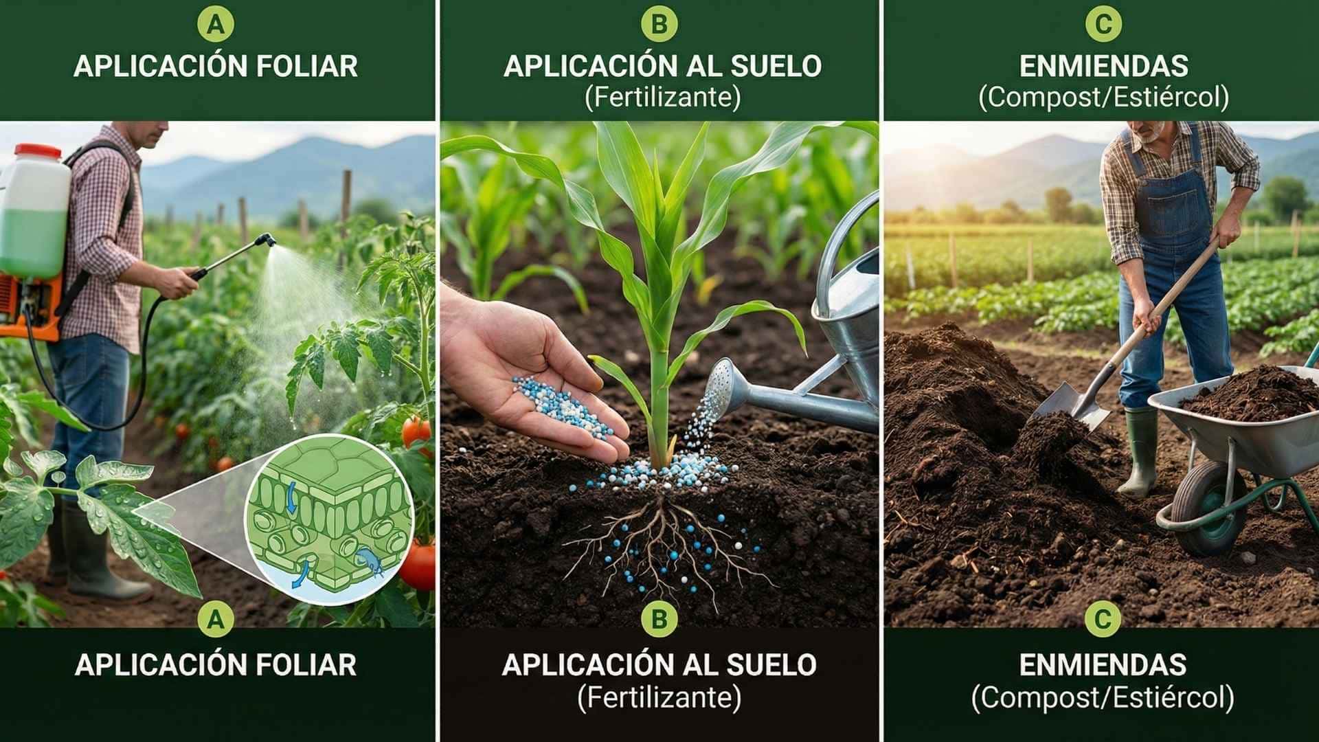 Infografía comparativa de tres métodos de fertilización agrícola: aplicación foliar con mochila (nutrición rápida), aplicación de fertilizante granular al suelo y uso de enmiendas orgánicas como compost o estiércol.