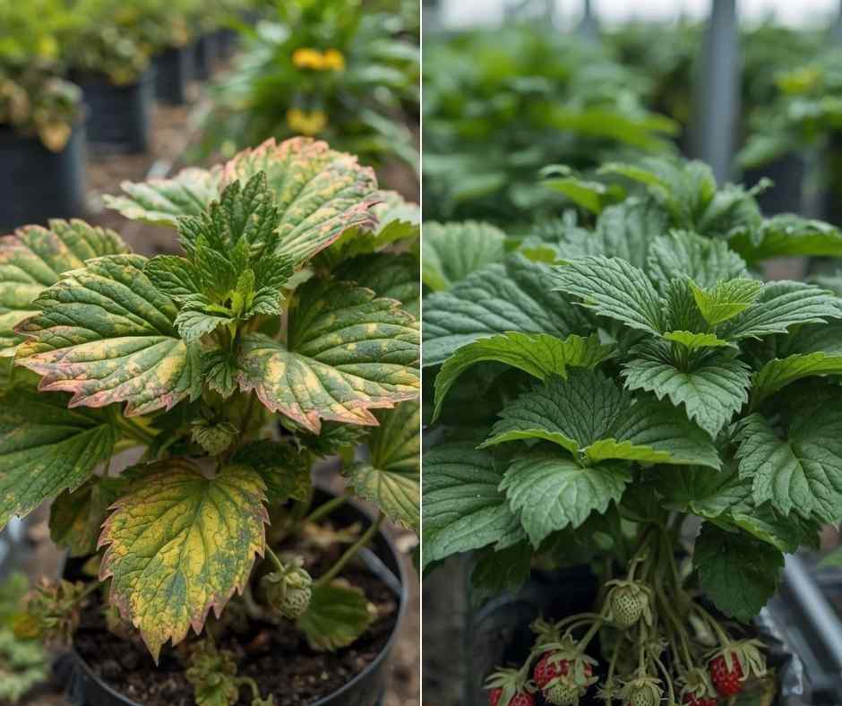 Comparativa lado a lado en cultivo de fresa: a la izquierda planta con clorosis y deficiencia de nutrientes deficiencias de macronutrientes; a la derecha planta sana, verde y vigorosa tras la aplicación de fertilizantes Bioactivador.