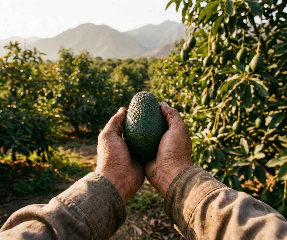 Manos de un agricultor peruano sosteniendo una palta Hass recién cosechada de calidad exportación, con campos de cultivo y montañas de fondo.