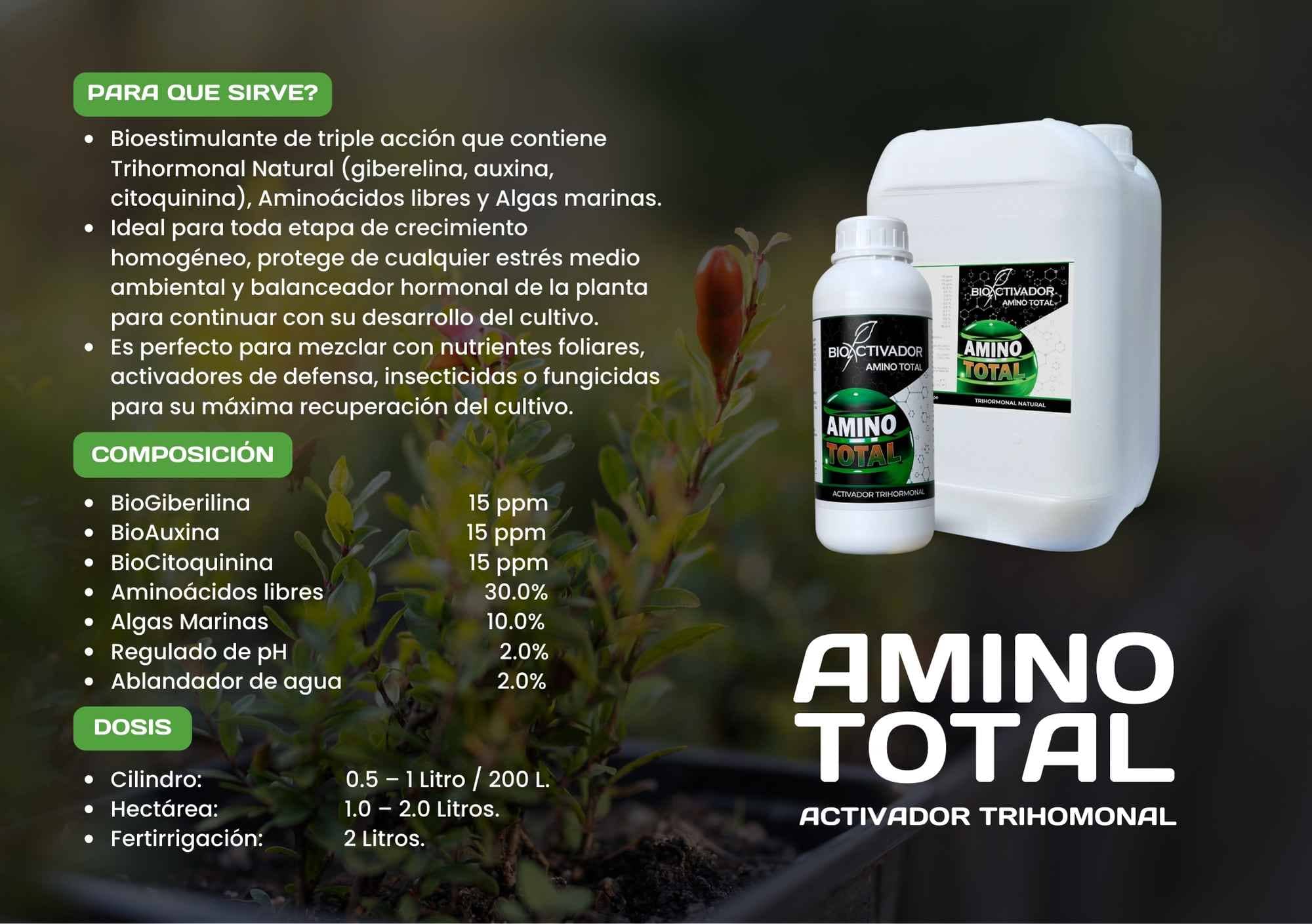 Ficha técnica del bioestimulante Amino Total: Activador Trihormonal (Giberelina, Auxina, Citoquinina) enriquecido con 30% de Aminoácidos libres y 10% de Algas Marinas. Presentación de botella y bidón con dosis.