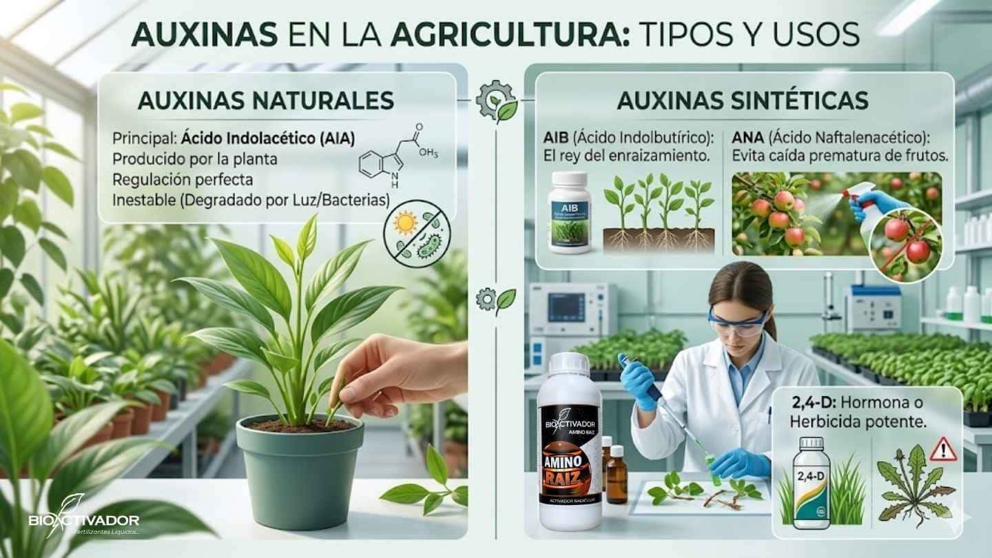 Infografía comparativa de auxinas en la agricultura. A la izquierda, Auxinas Naturales como el Ácido Indolacético (AIA) producido por la planta, pero inestable a la luz. A la derecha, Auxinas Sintéticas comerciales como el AIB para enraizamiento potente, ANA para evitar caída de frutos y 2,4-D como herbicida hormonal.