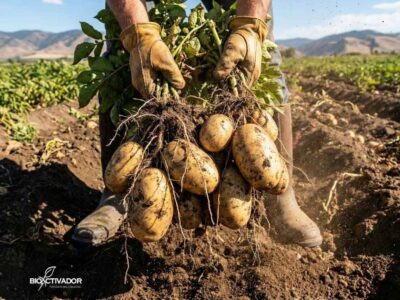 Agricultor sosteniendo una planta de papa recién cosechada con tubérculos grandes y de alta calidad, demostrando el resultado exitoso del Plan Nutricional para Papa aplicado con las dosis y nutrientes correctos.