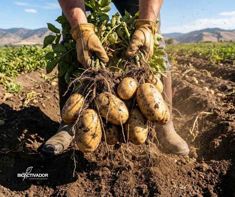Agricultor sosteniendo una planta de papa recién cosechada con tubérculos grandes y de alta calidad, demostrando el resultado exitoso del Plan Nutricional para Papa aplicado con las dosis y nutrientes correctos.