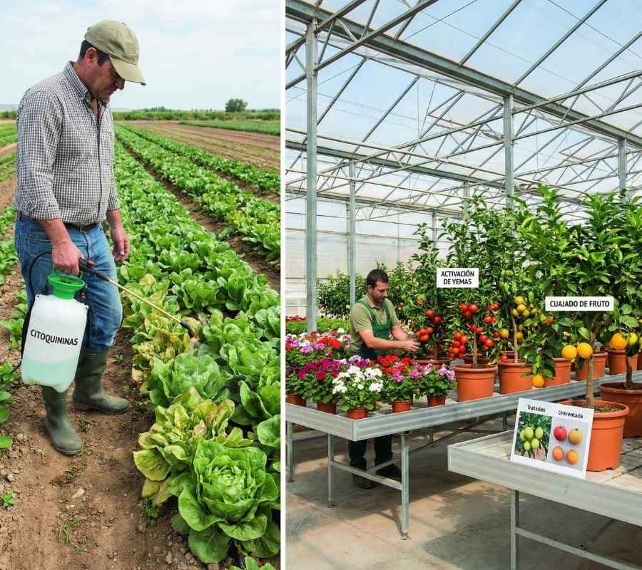 Comparativa de aplicación de citoquininas: Izquierda, agricultor fumigando lechugas en campo abierto con mochila manual. Derecha, técnico agrónomo monitoreando activación de yemas y floración en cultivo de tomate y ornamentales bajo invernadero.
