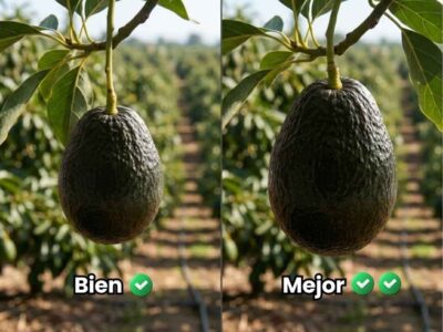 Comparativa visual en un cultivo de palto mostrando el efecto de las fitohormonas citoquininas. A la izquierda, un fruto de tamaño normal etiquetado como 'Bien', y a la derecha, un fruto de mayor calibre y peso etiquetado como 'Mejor' gracias a la división celular.