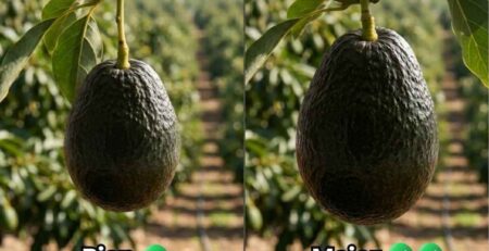 Comparativa visual en un cultivo de palto mostrando el efecto de las fitohormonas citoquininas. A la izquierda, un fruto de tamaño normal etiquetado como 'Bien', y a la derecha, un fruto de mayor calibre y peso etiquetado como 'Mejor' gracias a la división celular.