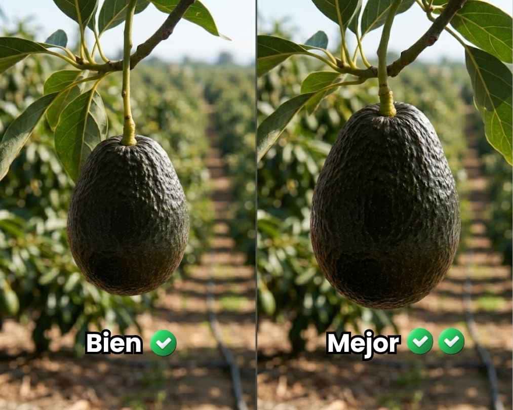 Comparativa visual en un cultivo de palto mostrando el efecto de las fitohormonas citoquininas. A la izquierda, un fruto de tamaño normal etiquetado como 'Bien', y a la derecha, un fruto de mayor calibre y peso etiquetado como 'Mejor' gracias a la división celular.