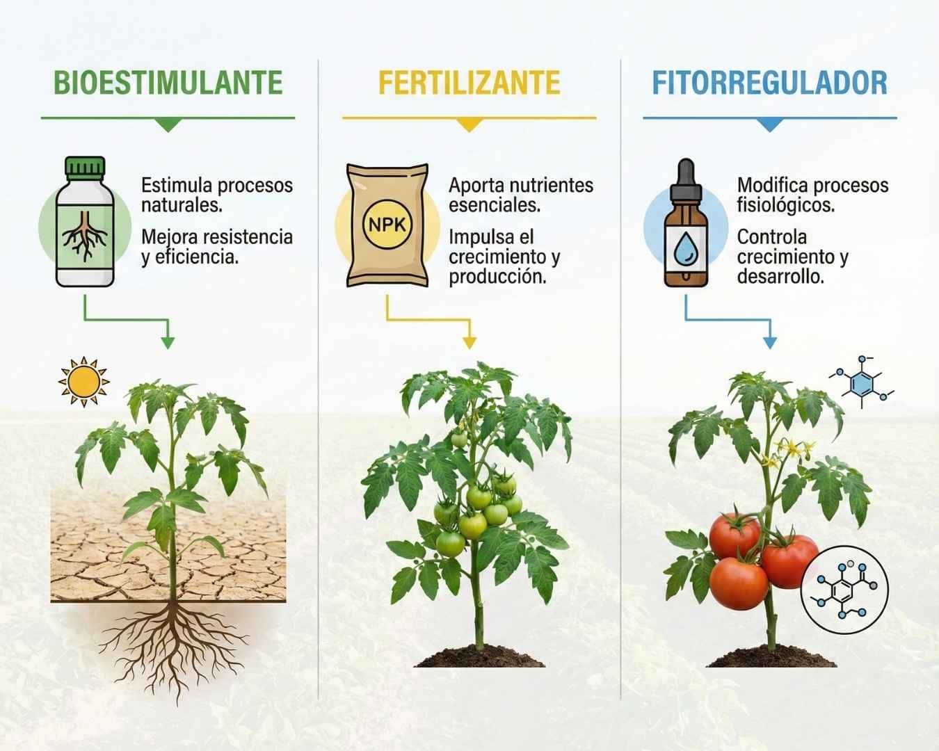 Infografía comparativa de insumos agrícolas: Diferencias entre Bioestimulante (resistencia al estrés), Fertilizante (aporte de nutrientes NPK) y Fitorregulador (control hormonal del crecimiento).
