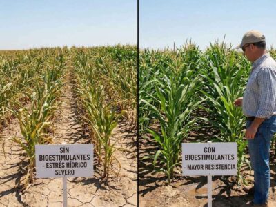 Comparativa de campo en cultivo de maíz bajo sequía: A la izquierda, plantas amarillas con estrés hídrico severo sin tratamiento. A la derecha, plantas verdes y vigorosas tratadas con bioestimulantes, mostrando alta resistencia a la falta de agua.