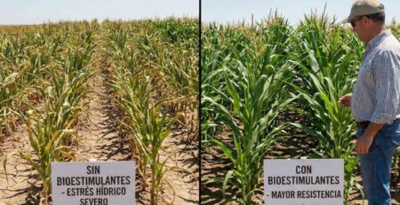 Comparativa de campo en cultivo de maíz bajo sequía: A la izquierda, plantas amarillas con estrés hídrico severo sin tratamiento. A la derecha, plantas verdes y vigorosas tratadas con bioestimulantes, mostrando alta resistencia a la falta de agua.