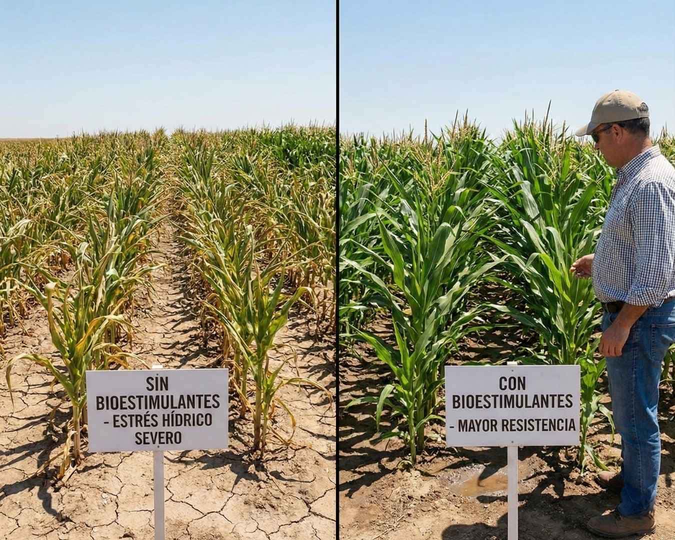 Comparativa de campo en cultivo de maíz bajo sequía: A la izquierda, plantas amarillas con estrés hídrico severo sin tratamiento. A la derecha, plantas verdes y vigorosas tratadas con bioestimulantes, mostrando alta resistencia a la falta de agua.