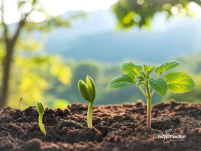 Plántulas jóvenes emergiendo en suelo fértil durante la etapa de desarrollo vegetativo, mostrando un crecimiento vigoroso y vertical, indicativo de una buena disponibilidad de Nitrógeno y Micronutrientes.