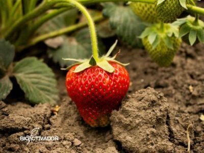 Planta de fresa mostrando síntomas severos de estrés nutricional o enfermedad, con hojas viejas presentando necrosis marginal (bordes marrones y quemados) y marchitez general debido a un manejo deficiente.