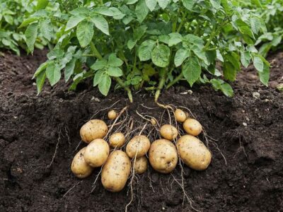 Planta de papa en la etapa crítica de llenado de fruto (tubérculo). Se observa el follaje verde activo fotosintetizando al máximo para engordar las papas, siguiendo las dosis y nutrientes del plan nutricional.