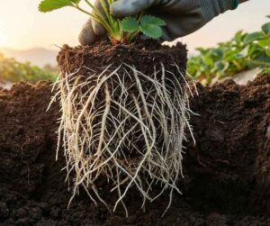 Plantín de fresa sacado del sustrato mostrando un sistema radicular denso y blanco en etapa de enraizamiento, indicativo de una excelente sanidad y absorción de nutrientes gracias a la aplicación de Fósforo y enraizantes.