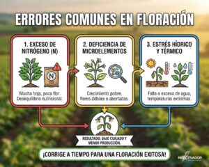 Infografía de los 3 errores de manejo más frecuentes en floración: aplicar exceso de nitrógeno (vicio), descuidar los microelementos (flores débiles) y mal manejo del estrés hídrico y térmico.