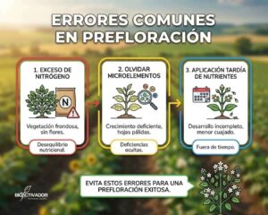 Esta imagen es tu "Lista de Verificación de Seguridad". Antes de que el agricultor gaste dinero en potenciadores de floración, necesita asegurarse de no estar cometiendo estos errores básicos que arruinan la inversión. Es una pieza de contenido "preventiva" que genera mucha confianza. Para el SEO de tu post sobre "Nutrición en Prefloración", esta imagen ataca búsquedas de problemas y soluciones: "por qué se caen las flores", "exceso de nitrógeno en floración" o "cuándo aplicar microelementos". Aquí tienes la optimización estratégica para los campos de WordPress: 1. Texto alternativo (Alt Text) Describe los 3 errores fatales para captar tráfico de quien busca diagnosticar su problema. Texto sugerido: Infografía de los 3 errores nutricionales más comunes en la etapa de prefloración: exceso de nitrógeno (crecimiento vegetativo excesivo), falta de microelementos (deficiencias ocultas) y aplicación tardía de nutrientes.