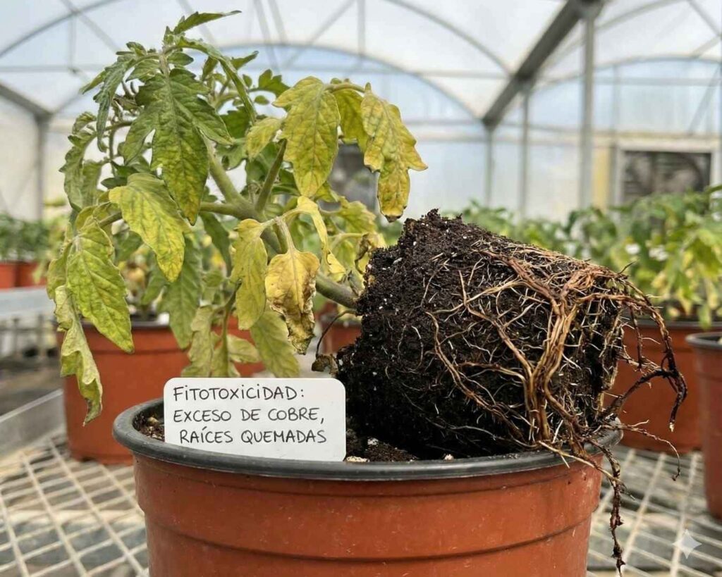 Planta en maceta con síntomas de fitotoxicidad severa, mostrando hojas amarillas y un sistema radicular necrótico, con una etiqueta de diagnóstico que lee: "Exceso de Cobre, Raíces Quemadas".