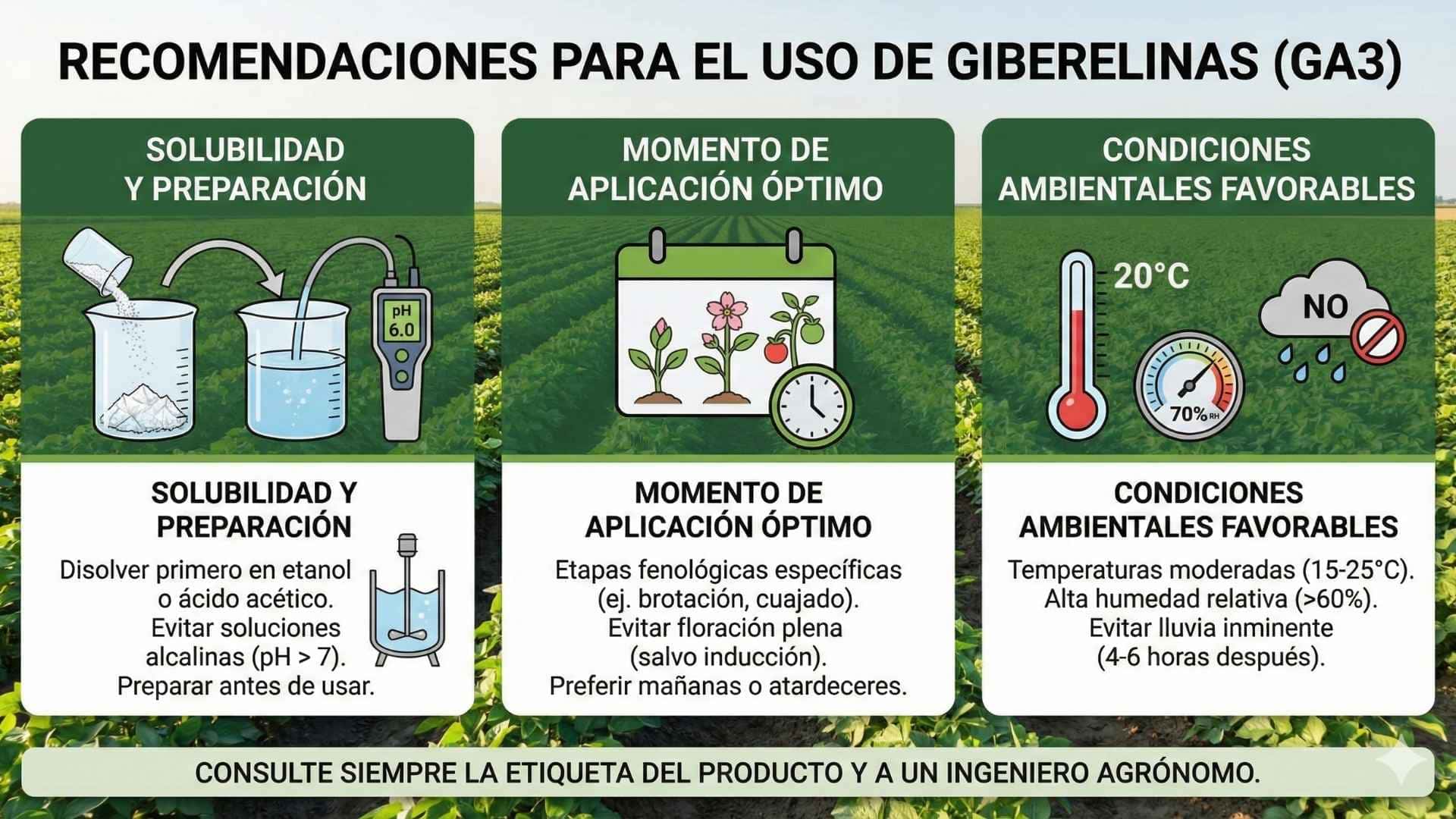 Infografía de recomendaciones técnicas para usar Ácido Giberélico (GA3): Instrucciones de solubilidad y pH, momento óptimo de aplicación según etapa fenológica y condiciones ambientales favorables (temperatura y humedad).
