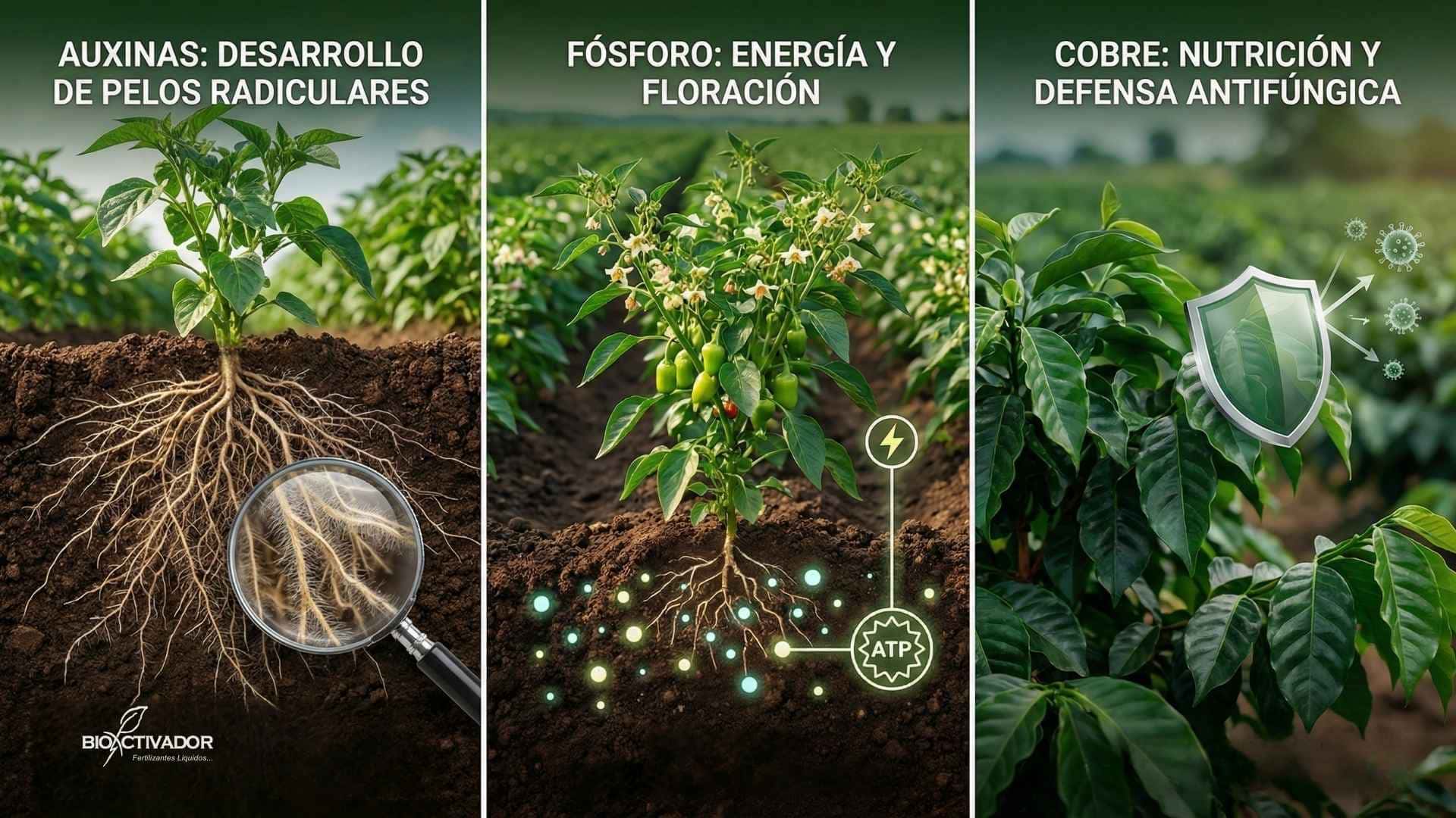 Infografía de funciones nutricionales en plantas: Efecto de las Auxinas (Amino Raiz) en el desarrollo de pelos radiculares, impacto del Fósforo (Full Raiz) en la energía y floración, y rol del Cobre (Vacuna Cu) en la defensa antifúngica.