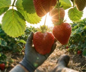 Mano de agricultor sosteniendo una fresa madura de gran calibre en etapa de llenado y maduración, mostrando un color rojo intenso y piel firme, resultado de una nutrición equilibrada con Potasio.