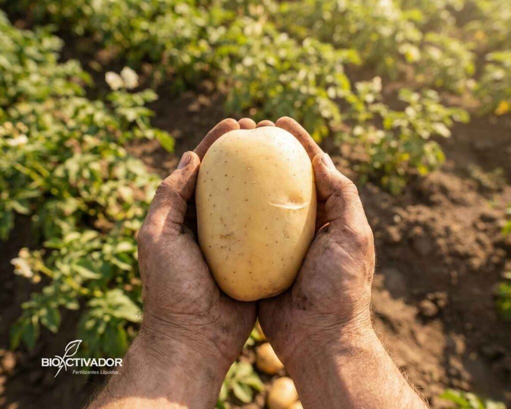 Primer plano de las manos de un agricultor sosteniendo una papa grande, limpia y sana, libre de plagas y enfermedades, representando el resultado de aplicar las soluciones correctas en el cultivo de papa.