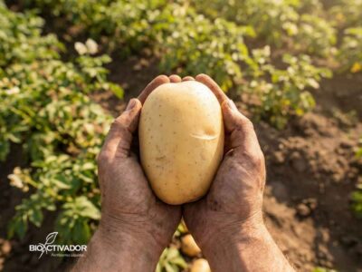 Primer plano de las manos de un agricultor sosteniendo una papa grande, limpia y sana, libre de plagas y enfermedades, representando el resultado de aplicar las soluciones correctas en el cultivo de papa.