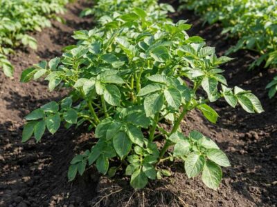 Planta de papa joven en etapa de crecimiento vegetativo, mostrando un desarrollo foliar verde y vigoroso sin presencia de flores, lista para recibir las primeras dosis de fertilización del plan nutricional.