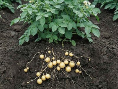Planta de papa arrancada mostrando la etapa de cuajado (inicio de tuberización), con múltiples tubérculos pequeños formándose en las raíces, reflejando el éxito de las primeras fases del plan nutricional.