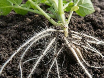 Primer plano de la base del tallo de papa mostrando la etapa de enraizamiento, con un sistema radicular denso y abundantes pelos absorbentes blancos, fundamentales para la absorción de las dosis del plan nutricional.