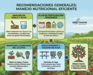 Infografía de recomendaciones para manejo nutricional eficiente (BPA): 1. Análisis de suelo, 2. Plan de fertilización integrado, 3. Monitoreo del cultivo y 4. Riego eficiente para lograr cultivos sanos.