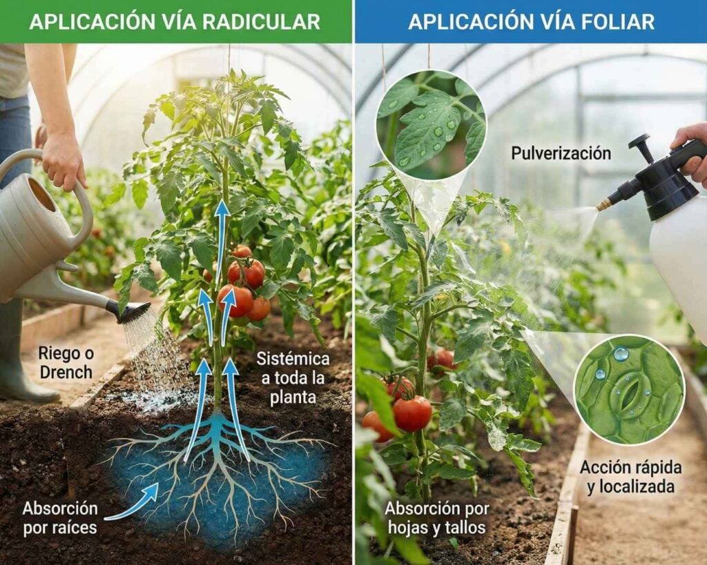 Infografía comparativa de vías de aplicación de nutrientes: Vía Radicular (Drench/Riego) mostrando absorción sistémica desde las raíces vs. Vía Foliar (Pulverización) mostrando absorción rápida a través de estomas y cutícula en hojas de tomate.