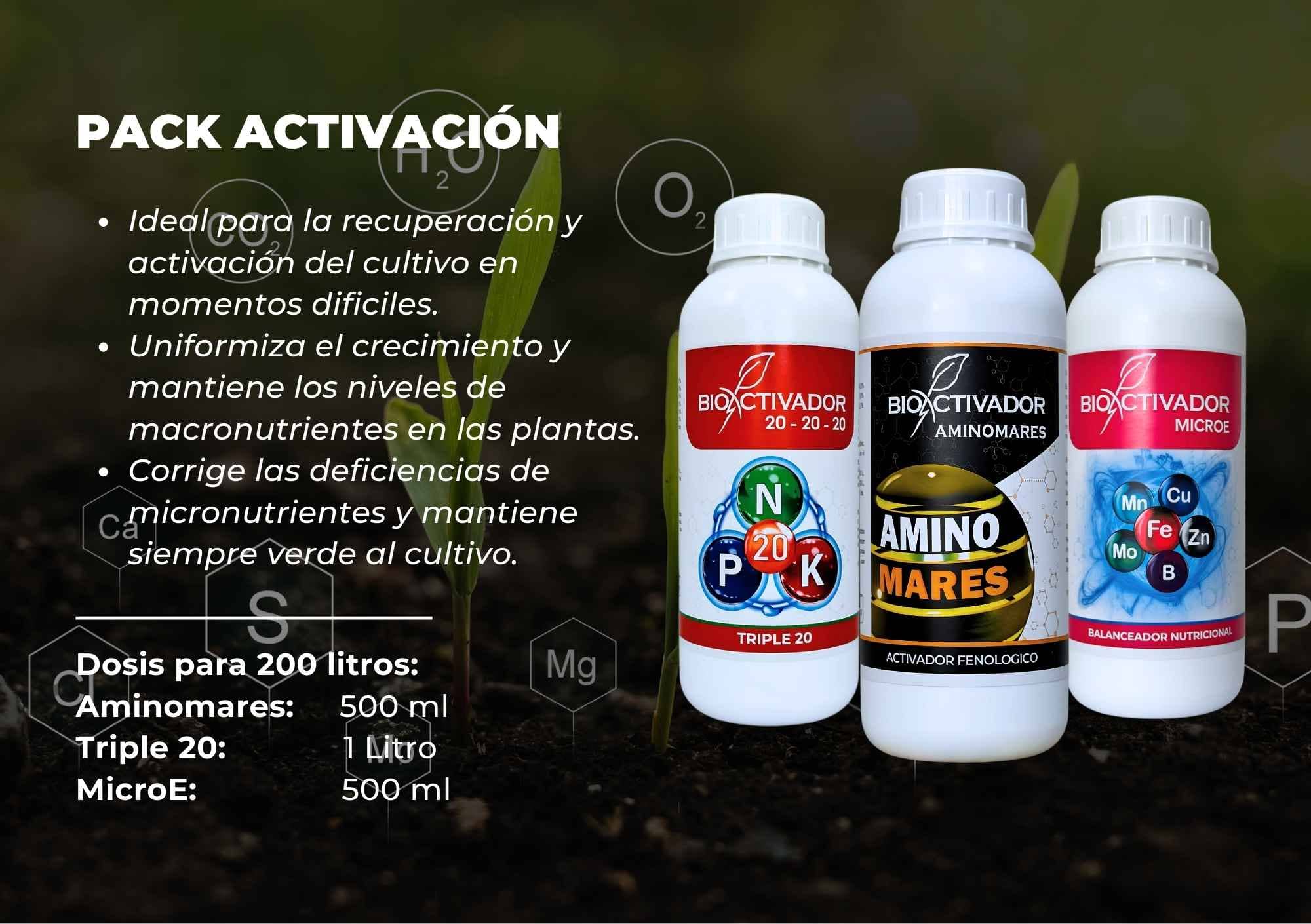 Pack Activación Post Cosecha: Kit de fertilizantes foliares compuesto por Amino Mares (biostimulante), Triple 20 (NPK equilibrado) y Microel (mezcla de micronutrientes), formulado para la recuperación de reservas y reactivación del cultivo antes del reposo invernal.