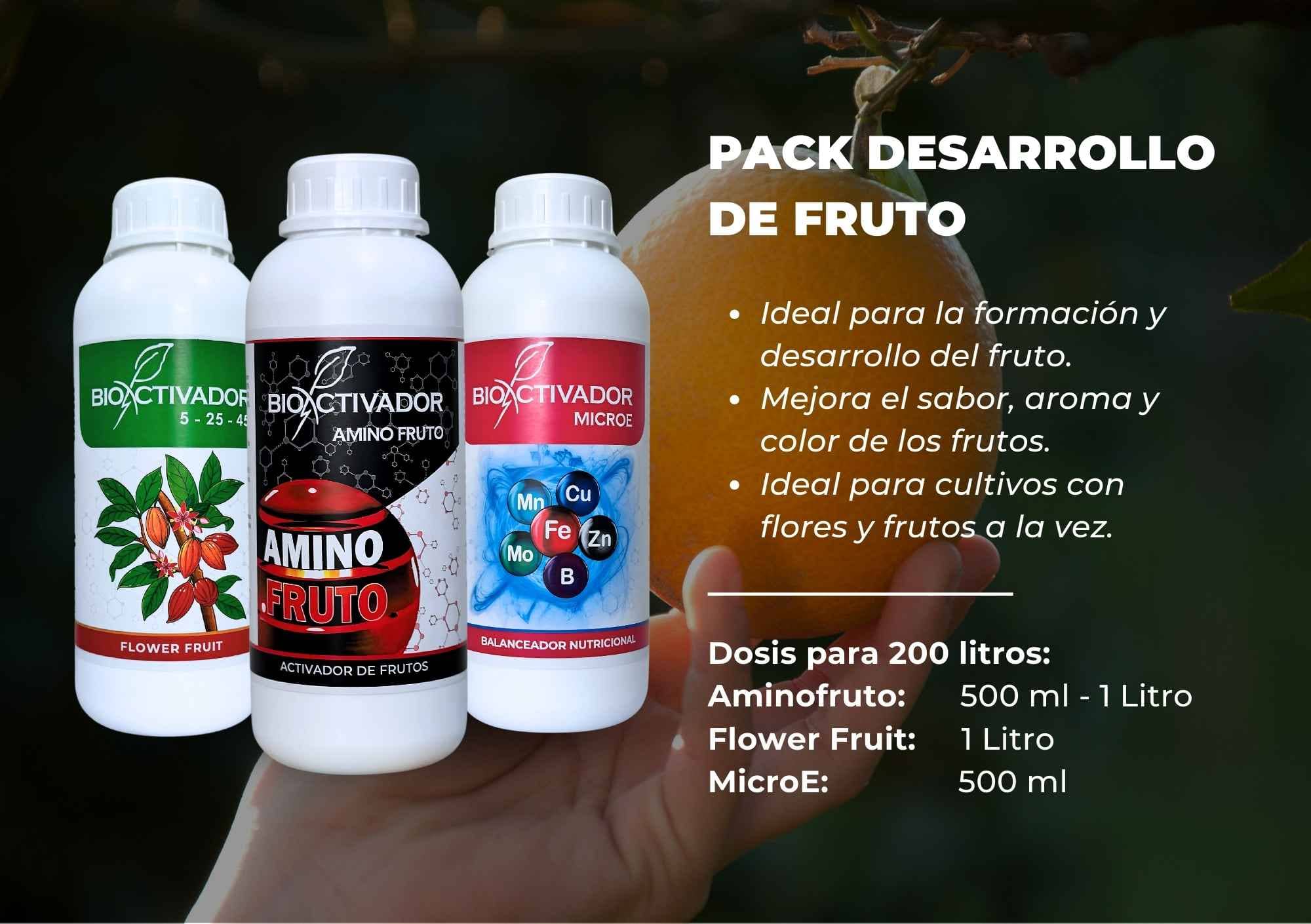 Pack desarrollo de fruto: Kit de fertilización foliar compuesto por Amino Fruto (Potasio), Flower Fruit y Microel (Micronutrientes), formulado para maximizar el calibre, mejorar el color y concentrar los azúcares (sabor) de la cosecha.