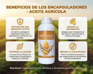 Infografía de los 4 beneficios del Aceite Agrícola como coadyuvante encapsulador: Protección del ingrediente activo (fotólisis), mejora de la adherencia, potenciación de la acción insecticida y reducción de la volatilidad por calor.