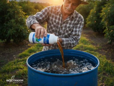 Agricultor preparando una mezcla en tanque (cilindro azul), vertiendo coadyuvante agrícola 3 aguas de la marca Bioactivador para corregir la dureza del agua antes de agregar los agroquímicos.